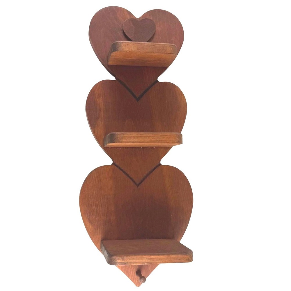 Vtg Wood 3 Tier Heart Shaped Wall Hanging Display Shelf Farmhouse Country 20.5"